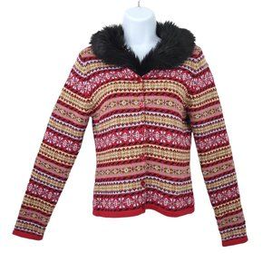Vintage Harolds Nordic Cardigan Sweater Womens Size S Faux Fur Attached Collar